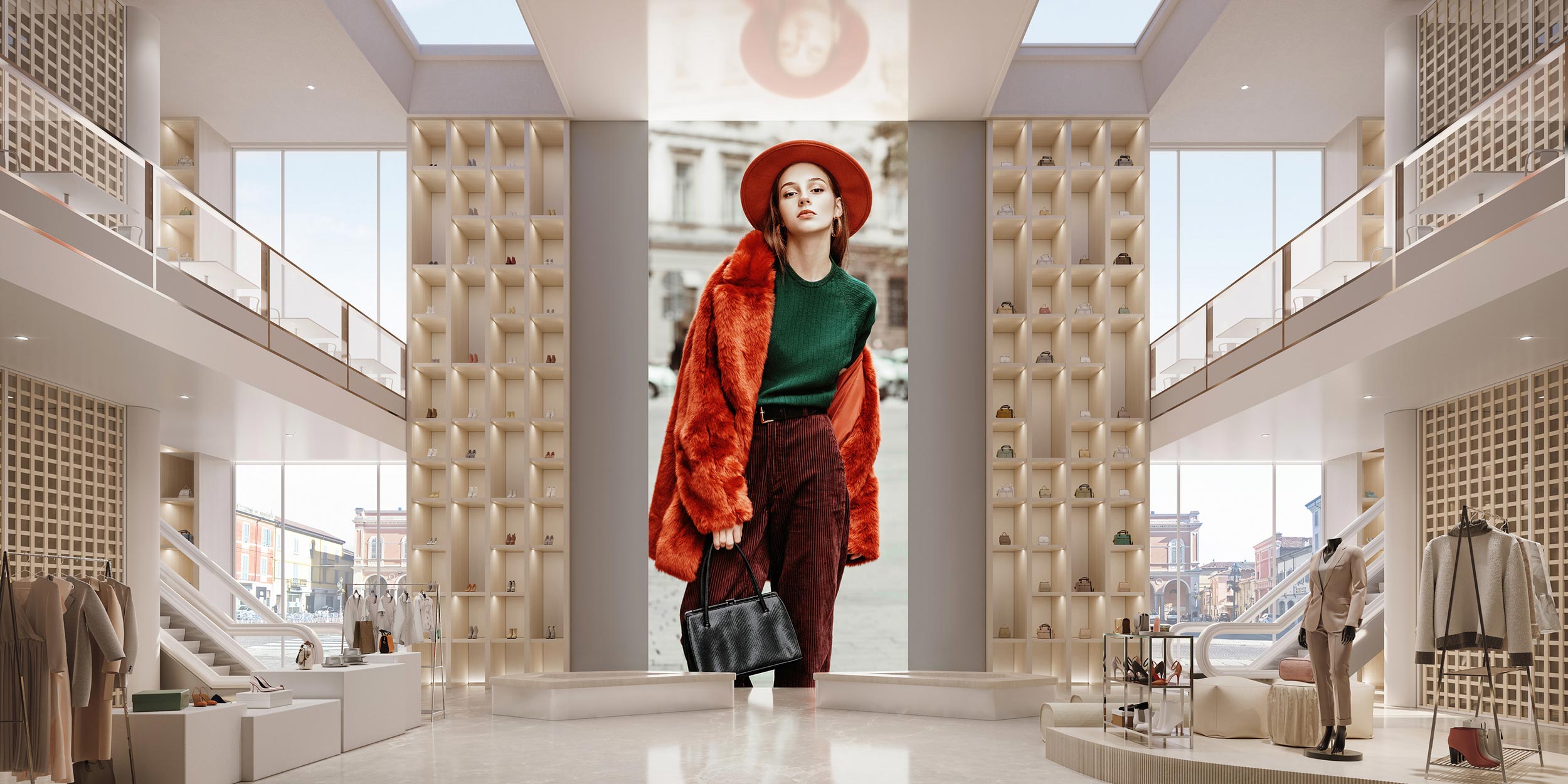 A modern fashion store with mannequins and large digital displays showing fashion models.